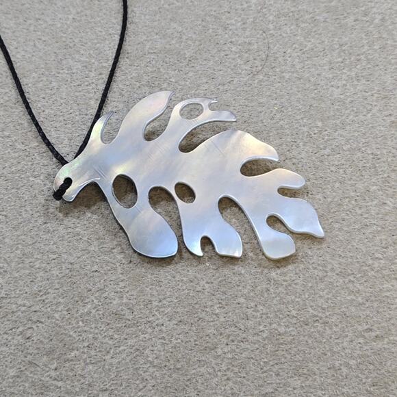 Carved Oyster Shell Hawaiian Monstera Pendant Delicate 17" Cord Necklace - Picture 7 of 11